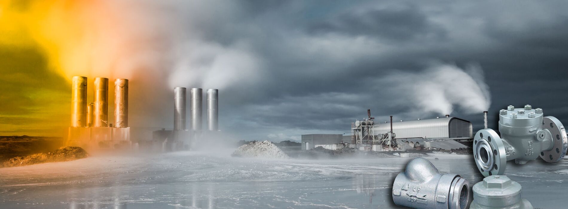 Offshore oil and gas industry with piping and valves, worker in foreground