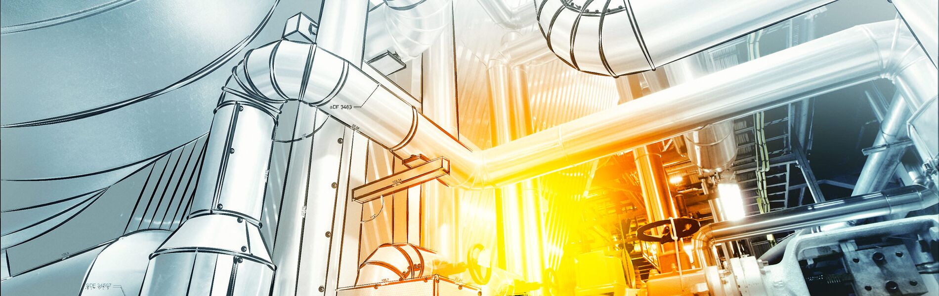 Offshore oil and gas industry with piping and valves, worker in foreground